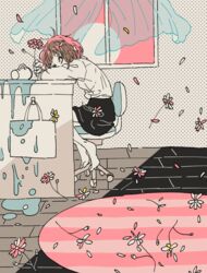  absurdres bag black_eyes black_skirt brown_hair commentary_request cosmos_(flower) cup curtains dripping falling_flower falling_petals female flat_color flower from_side highres holding holding_flower indoors ligne_claire long_sleeves looking_at_viewer medium_hair mitsuki_sanagi open_window original petals pink_flower pink_rug pink_sky polka_dot rug shirt sitting skirt sky solo spill water wet white_flower white_shirt window wooden_floor 