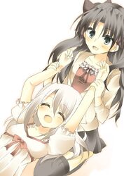  2girls akafuku_pukoemon bad_id bad_pixiv_id black_hair blue_eyes fate/kaleid_liner_prisma_illya fate_(series) hair_ribbon highres illyasviel_von_einzbern long_hair multiple_girls ribbon tohsaka_rin two_side_up white_hair 