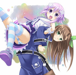  2girls back-to-back brown_hair commentary_request if_(neptunia) long_hair multiple_girls neptune_(neptunia) neptune_(series) panties pantyshot purple_eyes purple_hair smile striped_clothes striped_panties striped_thighhighs thighhighs underwear yozo_(yozo2000) 