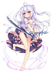  absurdres ahoge bare_legs bare_shoulders barefoot blush breasts chuor_(chuochuoi) cleavage closed_mouth commentary copyright_request cross dress female flower frilled_dress frilled_sleeves frills full_body hair_between_eyes hair_flower hair_ornament head_tilt highres holding holding_sword holding_weapon juliet_sleeves katana latin_cross leg_lift legs long_hair long_sleeves looking_at_viewer photoshop_(medium) pink_flower pink_rose puffy_sleeves red_eyes rose sample_watermark see-through see-through_sleeves sidelocks simple_background sleeveless sleeveless_dress small_breasts solo standing standing_on_one_leg sword symbol-only_commentary tiptoes toenails two-handed two_side_up v-shaped_eyebrows very_long_hair watermark wavy_mouth weapon white_background white_dress white_hair wide_sleeves 