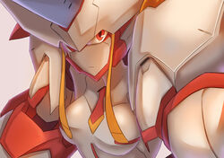  armor breasts colored_skin commentary_request darling_in_the_franxx der_zweite female highres horns looking_at_viewer md5_mismatch mecha mecha_musume no_nipples red_eyes robot shoulder_armor single_horn solo strelizia white_skin 