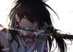  1boy alternate_form bead_necklace beads black_hair blood blood_on_clothes blood_on_face blue_eyes chipped_sword commentary_request fangs glint heterochromia highres inuyasha inuyasha_(character) jewelry katana long_hair looking_at_viewer male_focus motobi_(mtb_umk) mouth_hold necklace portrait robe slit_pupils solo sweat sword teeth_hold twitter_username weapon white_background yellow_eyes 