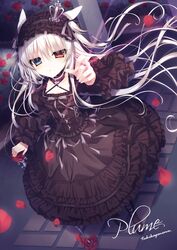  alice_claudia animal_ears bad_id bad_pixiv_id black_dress choker commentary_request criss-cross_halter dress female frilled_dress frills gothic_lolita hairband halterneck heterochromia lolita_fashion lolita_hairband long_hair original reaching reaching_towards_viewer solo tsukikage_nemu white_hair 