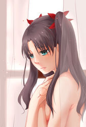  bad_id bad_pixiv_id blue_eyes breasts brown_hair command_spell fate/stay_night fate_(series) female hands_on_own_chest highres long_hair medium_breasts natsuko_(1025bilix) photoshop_(medium) sideboob solo tohsaka_rin twintails window 