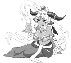  animal_ears breasts commentary_request female greyscale hathor_(p&amp;d) horns large_breasts long_hair monochrome puzzle_&amp;_dragons simple_background smile solo white_background zaxwu 