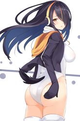  bad_id bad_twitter_id black_hair black_jacket brown_eyes cowboy_shot emperor_penguin_(kemono_friends) female from_behind hair_over_one_eye headphones highleg highleg_leotard highres hood hoodie huuyu_1z jacket kemono_friends leotard long_hair looking_at_viewer looking_back multicolored_hair solo tail thighhighs white_leotard white_thighhighs 