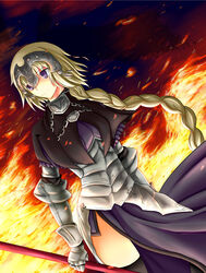  akashiro_sen armor armored_dress blonde_hair braid capelet commentary_request fate/apocrypha fate_(series) female fire gauntlets headpiece highres jeanne_d&#039;arc_(fate) jeanne_d&#039;arc_(ruler)_(fate) long_hair looking_away purple_eyes single_braid solo thighhighs 