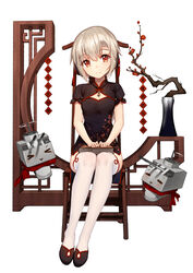  &gt;_&lt; =_= absurdres bison_cangshu black_dress black_footwear book cannon chair china_dress chinese_clothes closed_mouth dress female floral_print flower full_body hands_on_lap head_tilt hibiki_(warship_girls_r) highres legs_together looking_at_viewer red_eyes red_flower shoes short_hair simple_background sitting smile solo thighhighs tree vase verniy_(warship_girls_r) warship_girls_r white_background white_hair white_thighhighs 