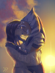  2013 3:4 ahsoka_tano alien alien_humanoid barriss_offee closed_eyes clothing duo female female/female hug humanoid humanoid_on_humanoid kiss_on_lips kissing lekku_(anatomy) light markings mirialan not_furry raikoh-illust star_wars sunlight togruta 