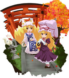  2girls akuto animal_hat ankle_ribbon autumn_leaves blonde_hair bottle choko_(cup) commentary_request cup dress elbow_gloves fox_tail frilled_dress frilled_gloves frills gap_(touhou) gloves hat inari leaf leg_ribbon long_hair long_sleeves looking_at_viewer low-tied_long_hair maple_leaf mob_cap multiple_girls multiple_tails multiple_torii open_mouth pantyhose parasol puffy_short_sleeves puffy_sleeves purple_dress purple_eyes ribbon sake_bottle short_hair short_sleeves simple_background sitting smile stairs stone_lantern tabard tail tassel torii touhou tree umbrella very_long_hair white_background white_dress white_gloves white_legwear yakumo_ran yakumo_yukari yellow_eyes 