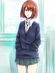  aku_no_hana brown_eyes cardigan commentary_request female hands_in_pockets inaba-no-kuni-tottori open_collar red_hair school_uniform short_hair skirt solo tokiwa_aya_(aku_no_hana) 