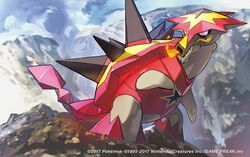  ambiguous_gender detailed_background feral fire generation_7_pokemon nintendo official_art pokemon pokemon_(species) pokemon_tcg reptile scalie shell solo spikes tokiya_sakuba turtle_shell turtonator 