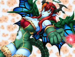  ;p bare_shoulders blue_skin bol_(liliymimi) breasts cleavage clothing_cutout colored_skin commentary_request demon_girl demon_horns dress elbow_gloves female foreshortening gloves green_dress green_thighhighs hera-beorc_(p&amp;d) hera_(p&amp;d) horns large_breasts long_hair looking_at_viewer multicolored_hair navel navel_cutout one_eye_closed orange_hair pointing pointing_at_viewer pointy_ears puzzle_&amp;_dragons red_hair smile solo tail thighhighs tongue tongue_out two-tone_hair yellow_eyes zettai_ryouiki 