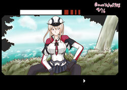  bernard_wiseman black_border black_gloves black_pantyhose blonde_hair border breasts capelet celtic_knot cloud cloudy_sky commentary dated day female gloves graf_zeppelin_(kancolle) grass hand_on_own_thigh hat highres kantai_collection large_breasts layered_sleeves long_hair long_sleeves looking_away miniskirt moritaku0708 necktie outdoors pantyhose peaked_cap pleated_skirt short_over_long_sleeves short_sleeves sidelocks sitting skirt sky smile solo spread_legs tree twitter_username 