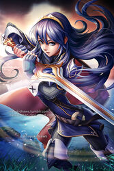  blue_eyes blue_hair cape commentary_request falchion_(fire_emblem) female fingerless_gloves fire_emblem fire_emblem_awakening fire_emblem_fates gloves long_hair lucina_(fire_emblem) nayuki solo sword tiara weapon 