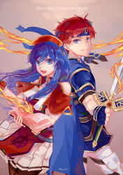  1boy absurdres armor blue_eyes blue_hair blush cape commentary_request couple dress female fire_emblem fire_emblem:_the_binding_blade gloves hat highres lilina_(fire_emblem) long_hair looking_at_viewer open_mouth photoshop_(medium) red_hair rheamii roy_(fire_emblem) short_hair simple_background smile straight 