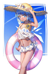  :d arm_up bare_arms bare_legs bare_shoulders bikini bikini_skirt blue_background blue_bow blue_eyes blue_hair blue_sky blush bow breasts cirno cleavage collarbone commentary contrail crop_top day female flower fox_(770205490) frilled_bikini frills hairbow hand_on_headwear hat hat_flower hidden_star_in_four_seasons highres holding ice ice_wings innertube looking_at_viewer navel nose_blush open_mouth outdoors photoshop_(medium) shiny_skin shirt short_hair sky smile solo standing stomach straw_hat sunflower swim_ring swimsuit tan tanned_cirno touhou white_background white_bikini white_flower white_shirt wings 