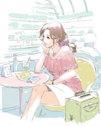  bad_id bad_link bad_twitter_id chair crossed_legs ekao female idolmaster idolmaster_cinderella_girls jewelry kawashima_mizuki lounge mole necklace pink_theme ponytail sitting suitcase sweater watch 