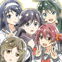  5girls :d artist_logo blue_eyes blue_hair blush brown_eyes brown_hair commentary_request d: dated double_v futaba_aoi_(vividred_operation) isshiki_akane kuroki_rei long_hair miyahara_takuya multiple_girls national_shin_ooshima_school_uniform open_mouth purple_scarf red_hair saegusa_wakaba scarf school_uniform shinomiya_himawari short_hair shorts smile twintails v vividred_operation waving 