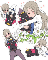  2girls arashigaoka_academy_school_uniform arm_support bear blank_eyes blush choker closed_eyes commentary_request crown fangs flower fumitan_(humitan) heart hug light_brown_hair lily_(flower) long_hair looking_at_another lying multiple_girls multiple_views on_side on_stomach one_eye_closed open_mouth pantyhose petals purple_eyes saliva school_uniform simple_background sitting sitting_on_lap sitting_on_person tsubaki_kureha white_background yuri yuri_kuma_arashi yurishiro_ginko 