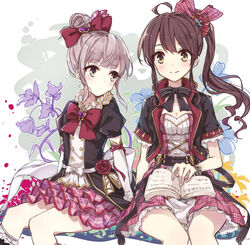  2girls berukko black_legwear book brown_hair choker commentary_request diantha_(granblue_fantasy) flower granblue_fantasy grey_eyes hair_ribbon idol linaria_(granblue_fantasy) long_hair multiple_girls pink_hair ribbon ribbon_choker rose skirt yellow_eyes 