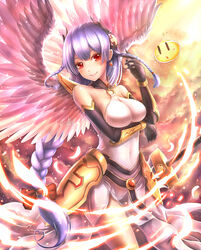  ant_(fenixant) armor bare_shoulders blush braid breast_hold breasts commentary_request elbow_gloves faulds female gloves light_valkyrie_(p&amp;d) long_hair o-ring o-ring_top photoshop_(medium) puzzle_&amp;_dragons red_eyes shynee_(p&amp;d) smile solo sword tri_braids valkyrie_(p&amp;d) weapon white_hair wings 