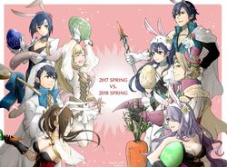  2017 2018 alfonse_(fire_emblem) alfonse_(spring)_(fire_emblem) animal_ears blonde_hair blue_eyes blue_hair blush braid breasts brother_and_sister brown_eyes brown_hair camilla_(fire_emblem) camilla_(spring)_(fire_emblem) cape catria_(fire_emblem) catria_(spring)_(fire_emblem) chrom_(fire_emblem) chrom_(spring)_(fire_emblem) circlet cleavage commentary_request egg elbow_gloves father_and_daughter fingerless_gloves fire_emblem fire_emblem:_mystery_of_the_emblem fire_emblem_awakening fire_emblem_fates fire_emblem_heroes gloves green_eyes hair_over_one_eye headband kagero_(fire_emblem) kagero_(spring)_(fire_emblem) large_breasts lips long_hair lucina_(fire_emblem) lucina_(spring)_(fire_emblem) multicolored_hair multiple_girls ninja official_alternate_costume open_mouth pantyhose pegasus_knight_uniform_(fire_emblem) polearm ponytail purple_eyes purple_hair rabbit_ears red_eyes robaco scarf sharena_(fire_emblem) sharena_(spring)_(fire_emblem) short_hair siblings simple_background smile thighhighs tiara very_long_hair wavy_hair weapon white_background xander_(fire_emblem) xander_(spring)_(fire_emblem) 