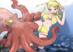  asphyxiation bad_id bad_pixiv_id bikini blonde_hair blue_eyes breasts breasts_apart drowning female j7w large_breasts long_hair octopus original restrained solo swimsuit tentacle underwater 