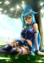  3girls absurdres aqua_(konosuba) arm_support bare_shoulders blue_eyes blue_footwear blue_hair blue_shirt blue_skirt blue_thighhighs boots bow breasts commentary_request covered_nipples darkness_(konosuba) dated day detached_sleeves frog grass green_bow hair_bobbles hair_ornament hair_rings highres kono_subarashii_sekai_ni_shukufuku_wo! large_breasts light_rays long_hair long_sleeves looking_at_viewer megumin miniskirt multiple_girls neck_ribbon no_bra oshiyon outdoors parted_lips petticoat pleated_skirt revision ribbon shirt sitting skirt sky smile solo_focus taut_clothes thigh_boots thighhighs thighhighs_under_boots thighs tree very_long_hair white_legwear x_hair_ornament yokozuwari 