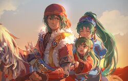  1boy 2girls bandana commentary_request dress earrings father_and_daughter fingerless_gloves fire_emblem fire_emblem:_the_binding_blade fire_emblem:_the_blazing_blade garmmy gloves green_eyes green_hair horse horseback_riding husband_and_wife jewelry long_hair lyn_(fire_emblem) mother_and_daughter multiple_girls multiple_riders open_mouth ponytail rath_(fire_emblem) riding sandwiched short_hair smile sue_(fire_emblem) 