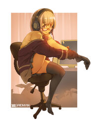  absurdres alternate_legwear black_thighhighs bow cable chair commentary_request dressing dusk female full_body glasses gridman_universe headphones highres jacket leaning_forward leg_up light_purple_hair miniskirt monitor no_shoes off_shoulder office_chair pink-framed_eyewear pleated_skirt purple_jacket school_uniform semi-rimless_eyewear shinjou_akane shirt short_hair sitting skirt sleeves_past_wrists solo ssss.gridman supandaman swivel_chair thighhighs thighhighs_pull under-rim_eyewear white_shirt 