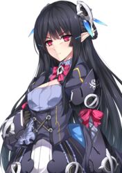  anette_(pso2) bow bowtie braid breasts cleavage_cutout clothing_cutout commentary_request female frilled_sleeves frills hair_ornament hairclip highres hime_cut long_hair looking_at_viewer minamon_(vittel221) phantasy_star phantasy_star_online_2 pointy_ears red_eyes small_breasts solo tsurime 