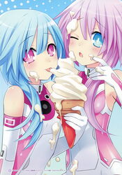  2girls ;o absurdres artbook bare_shoulders blue_eyes blue_hair blush choujigen_game_neptune_mk2 eating elbow_gloves food food_on_face gloves highres ice_cream ice_cream_cone ice_cream_on_face leotard licking light_blue_hair long_hair looking_at_viewer melting messy multiple_girls neptune_(series) official_art one_eye_closed pink_hair power_symbol power_symbol-shaped_pupils purple_eyes scan sexually_suggestive siblings sisters soft_serve suggestive_fluid symbol-shaped_pupils tongue tongue_out tsunako twins white_sister_ram white_sister_rom 