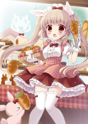  :o animal_ears apron bakery basket blush bow bow_legwear bowtie bread brown_eyes commentary_request dress english_text female food gloves highres hoshimame_mana lace lace-trimmed_legwear lace_trim light_brown_hair long_hair looking_at_viewer moe2016 open_mouth original photoshop_(medium) puffy_short_sleeves puffy_sleeves rabbit rabbit_ears shop short_sleeves solo tareme thighhighs tongs twintails very_long_hair waist_apron white_gloves zettai_ryouiki 