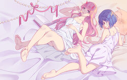  2girls 5plus ass bare_arms bare_legs bare_shoulders barefoot bed_sheet blue_hair book candy collarbone commentary crossed_legs darling_in_the_franxx feet food green_eyes hair_ornament hairclip highres horns ichigo_(darling_in_the_franxx) legs lollipop long_hair looking_at_viewer lying multiple_girls on_back on_stomach open_mouth photoshop_(medium) pillow pink_hair ribbon short_hair sleepwear soles symbol-only_commentary zero_two_(darling_in_the_franxx) 