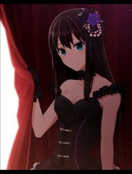  bare_shoulders black_gothic_dress_(idolmaster) breasts brown_hair choker cleavage collarbone commentary_request curtain_grab curtains dress female flower gentiana_(flower) gloves green_eyes hair_flower hair_ornament holding idolmaster idolmaster_cinderella_girls letterboxed long_hair nakamura_hiro_(nobody10ch) pearl_hair_ornament purple_flower red_curtains shibuya_rin small_breasts smile solo 