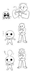  &gt;:) 2boys :d aoi_(comical_highway) bald barefoot bow bowtie chorus_man commentary_request flexing graphite_(medium) greyscale head_bump karateka_(rhythm_tengoku) monochrome multiple_boys muscular o_o open_mouth pose rhythm_tengoku simple_background size_difference smile solid_circle_eyes traditional_media v-shaped_eyebrows white_background 