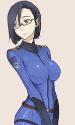  blue_hair blush bodysuit breasts brown_eyes commentary_request female glasses hair_between_eyes large_breasts looking_away murasaki_hisato niimi_kaoru short_hair simple_background solo uchuu_senkan_yamato uchuu_senkan_yamato_2199 uniform 