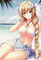  arm_support bangle beach bikini blonde_hair blue_eyes bracelet braid breasts cleavage cloud day female flower grey_eyes hair_flower hair_ornament hair_over_shoulder hand_in_own_hair highleg highleg_bikini highres horizon jewelry large_breasts legs_together long_hair looking_at_viewer muv-luv muv-luv_alternative navel o-ring o-ring_bikini o-ring_bottom o-ring_top ocean on_ground outdoors parted_lips sarong sayori_(neko_works) scan see-through sigelinde_von_fahrenhorst single_braid sitting sky solo swimsuit the_euro_front underboob very_long_hair white_bikini wristband 