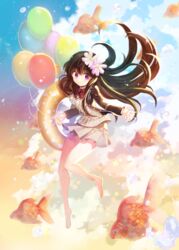  bad_id bad_pixiv_id balloon barefoot black_hair bubble cloud female fish flower goldfish hair_flower hair_ornament innertube jacket legs long_hair original purple_eyes ribbon sandeul skirt sky smile solo swim_ring vest 