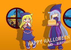  2girls blonde_hair blue_dress blue_eyes cake closed_eyes commentary_request dress food full_body grandmother_and_granddaughter grey_hair halloween happy_birthday happy_halloween hat jack-o&#039;-lantern jewelry long_hair madou_monogatari multiple_girls mzkn002 necklace official_style orange_background own_hands_clasped own_hands_together pumpkin puyopuyo shadow shawl smile wish_(puyopuyo) witch_(puyopuyo) 