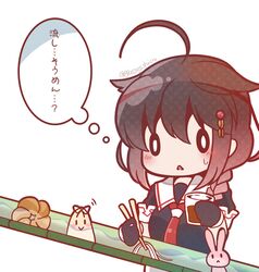  0_0 ahoge bamboo black_hair black_serafuku bloom2425 braid chibi chopsticks commentary_request doughnut female food french_cruller hair_flaps hair_ornament kantai_collection long_hair nagashi_soumen neckerchief noodles rabbit red_neckerchief school_uniform serafuku shigure_(kancolle) shigure_kai_ni_(kancolle) simple_background single_braid soumen sweatdrop the_yuudachi-like_creature translated white_background 