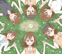  6girls ahoge artist_request brown_eyes brown_hair clone closed_eyes dolly_(to_aru_kagaku_no_railgun) gekota goggles goggles_on_head grass hospital_gown lying misaka_imouto misaka_imouto_10032 misaka_imouto_9982 misaka_mikoto misaka_worst open_mouth school_uniform short_hair smile spoilers to_aru_kagaku_no_railgun to_aru_majutsu_no_index 