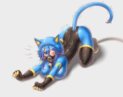  absurdres all_fours animal_ears bell black_gloves black_thighhighs blu_pyro_(tf2) blue_bodysuit blue_eyes blue_hair bodysuit boots breasts cat_ears cat_tail collar commission emperpep fake_animal_ears fake_tail female gas_mask gloves grey_background highres impossible_bodysuit impossible_clothes large_breasts large_pectorals latex latex_bodysuit looking_at_viewer mask neck_bell one_eye_closed pectorals pyro_(tf2) second-party_source shadow simple_background solo stretching tail tareme team_fortress_2 thigh_boots thighhighs zipper 