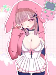  alternate_costume animal_ears black_choker black_thighhighs breasts choker danganronpa_(series) danganronpa_2:_goodbye_despair fake_animal_ears female flipped_hair galaga hair_ornament highres jacket large_breasts long_sleeves looking_at_viewer medium_hair mole mole_on_breast nanami_chiaki open_clothes open_jacket pleated_skirt rabbit_ears skirt sleepy solo spaceship_hair_ornament thighhighs white_skirt 