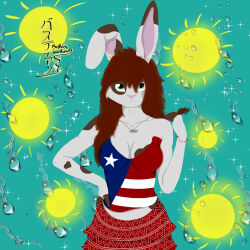  animal_humanoid anthro bastianlionheart clothing female green_eyes hair handmade humanoid humanoid_hands lagomorph lagomorph_humanoid leporid leporid_humanoid long_ears mammal mammal_humanoid markings puerto_rican_flag rabbit rabbit_humanoid red_hair smile solo spots spotted_body veronica_rivera_(character) 