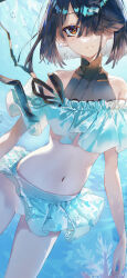  absurdres aqua_bikini aqua_skirt bare_shoulders bikini black_hair breasts brown_eyes coral earrings fate/grand_order fate_(series) female hair_over_one_eye highres jewelry lims_(neko2lims) looking_at_viewer miniskirt mole mole_under_eye navel pearl_earrings short_hair skirt small_breasts smile solo swimsuit thighs underwater xu_fu_(fate) xu_fu_(swimsuit_avenger)_(fate) xu_fu_(swimsuit_avenger)_(second_ascension)_(fate) 