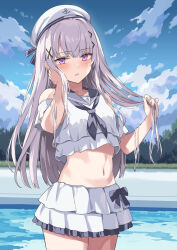  anchor_print bare_shoulders black_sailor_collar blue_sky blush cropped_shirt detached_sleeves female frilled_shirt frilled_skirt frills grey_hair hair_ornament hat highres long_hair looking_at_viewer navel neckerchief original outdoors parted_lips poolside purple_eyes rasahan sailor_collar shirt skirt sky solo swimsuit white_hat x_hair_ornament 