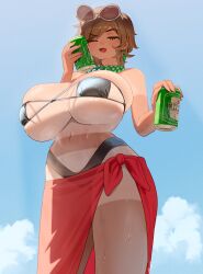  bead_necklace beads beer_can bikini black_bikini breasts brown_hair can cloud commission drink_can earrings eyepatch_bikini eyewear_on_head female highres holding holding_can huge_breasts jewelry navel necklace one_eye_closed open_mouth orange_eyes original pixiv_commission red_sarong ryusei_hashida sarong short_hair sky solo sunglasses swimsuit thighs wet 