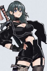  asymmetrical_legwear black_gloves black_shorts black_thighhighs blue_eyes breasts byleth_(female)_(fire_emblem) byleth_(fire_emblem) chimney_(chimney0311) cleavage crop_top dagger female fingerless_gloves fire_emblem fire_emblem:_three_houses fishnet_thighhighs fishnets garter_straps gloves green_hair grey_background hands_on_own_hips highres knife knife_sheath long_hair looking_at_viewer navel sheath short_shorts shorts simple_background solo standing sword thighhighs weapon 